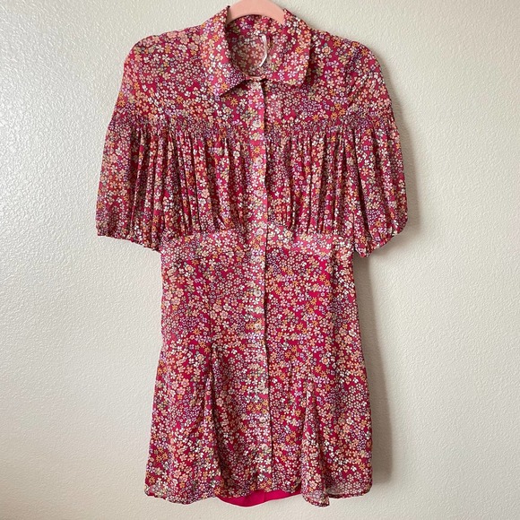 Free People Mini Shirt Dress Small Pink Bonnie Floral Puff Sleeve Bonnie NEW - Picture 4 of 14